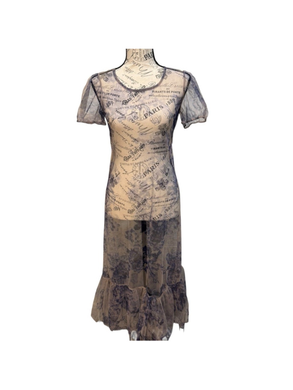 Free People Sheer Mesh Maxi Dress Purple Floral Ruffle Hem Boho Festival Size XS